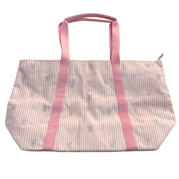 Victoria's Secret Handbags - Victoria's Secret Pink Striped Canvas Tote Bag Rhinestone Accent Zip Closure